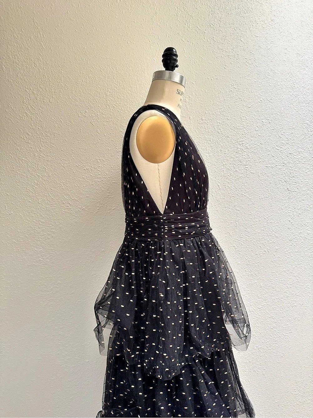 Lulus Decadent Impression Black Tulle Tiered Shiny Dot Midi Dress & Gold Tulle - Picture 6 of 9